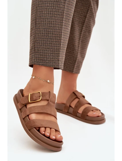 Dámské pantofle s pásky a zlatým sponou, hnědé Ulirissa Dámské pantofle s pásky a zlatým sponou, hnědé Ulirissa