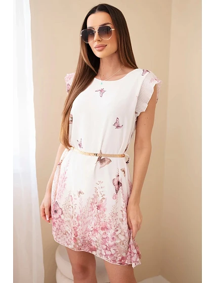 Dámské šaty s plisovaným rukávem a ozdobným páskem růžová