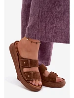 Kožené semišové dámské pantofle na platformě Vinceza 66916 camel