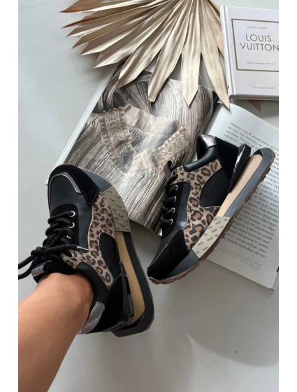 Dámské kožené tenisky na platformě s leopardím vzorem Artiker – černé Dámské kožené tenisky na platformě s leopardím vzorem Artiker – černé