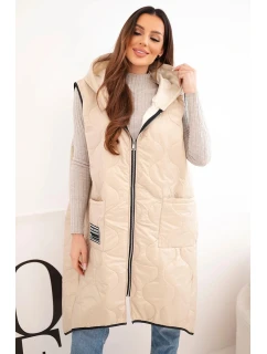 Dámská prošívaná vesta s kapucí na zip pro plnoštíhlé tmavě béžová