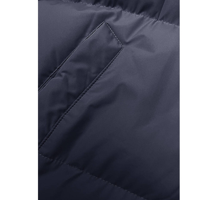 Tmavě modrá dlouhá hrubší dámská bunda s kapucí (5M3163-215)
