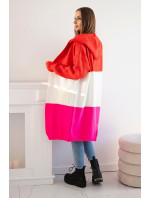 Pruhovaný svetr s kapucí červená+ecru+růžová neon