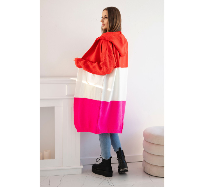 Pruhovaný svetr s kapucí červená+ecru+růžová neon
