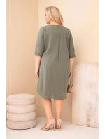 Dámské bavlněné šaty Plus Size s vázáním u výstřihu khaki