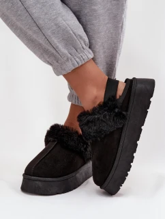 Dámské pantofle na platformě s kožíškem – černé Linaris