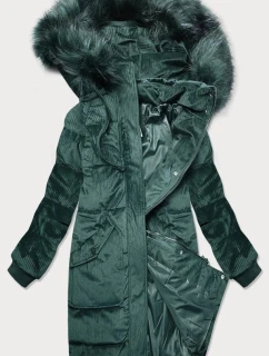 Dámská zimní manšestrová bunda v lahvově zelené barvě s kapucí (7764)