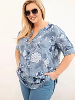 Dámská bavlněná halenka Plus Size s květinovým vzorem jeansová