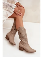 Kožené Kozačky S Vzorkovaným Svrškem Tmavě Béžové Zazoo 3714