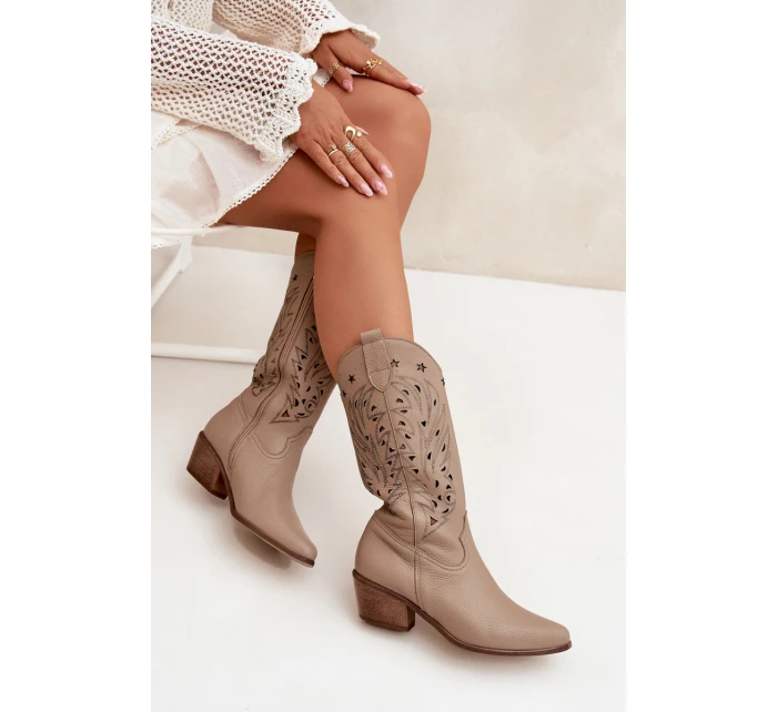 Kožené Kozačky S Vzorkovaným Svrškem Tmavě Béžové Zazoo 3714