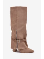 Dámské nazouvací kozačky na podpatku s ozdobným páskem Béžové model 21708858 - Boto