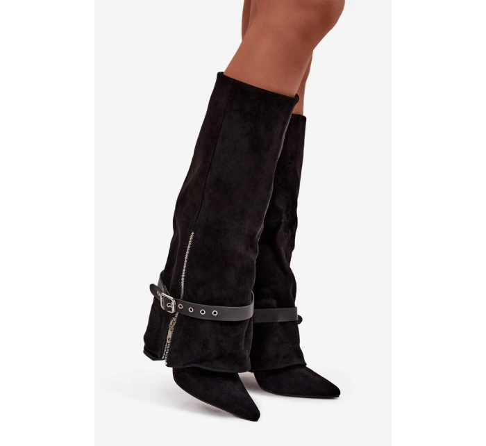 Dámské wsuwané kozačky nad koleno na sloupkovém podpatku s ozdobným páskem Jolivine – černé