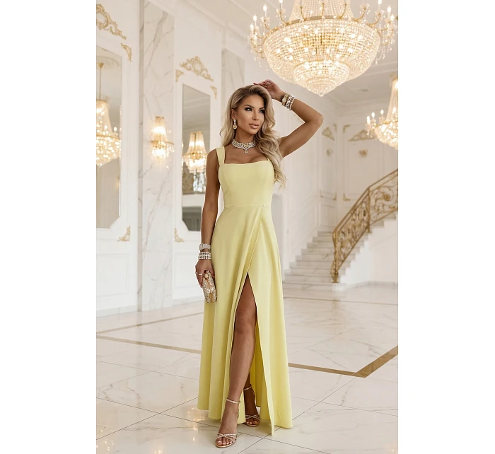 dlouhé šaty s rozparkem a výstřihem typu  žluté s třpytkami model 22092786 - numoco