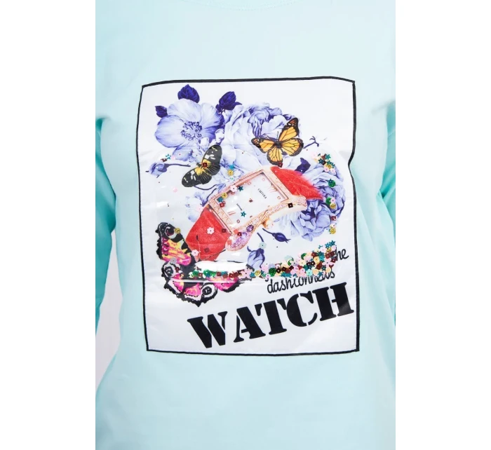 Halenka s 3D grafikou hodinek v mátové barvě Halenka s 3D grafikou hodinek v mátové barvě