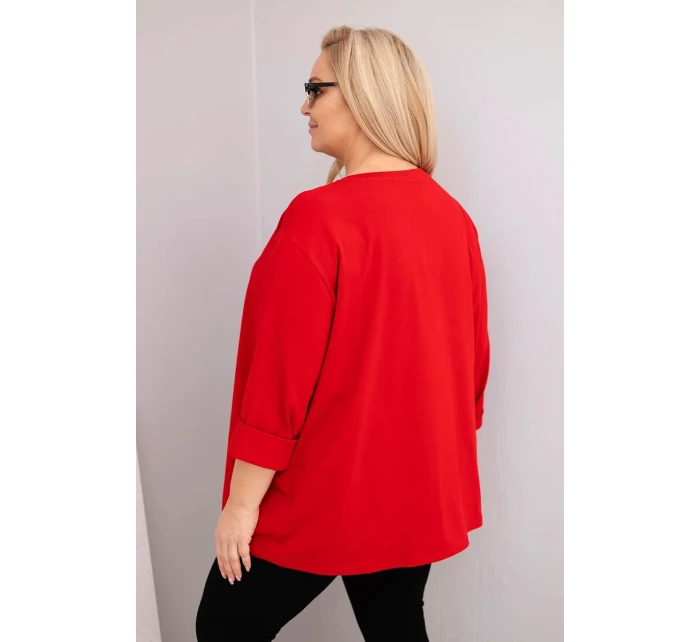 Dámská plus size blůza s bavlnou, dlouhým rukávem a řasením červená