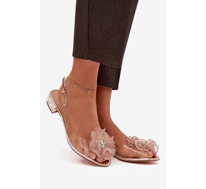 Průhledné sandály na nízkém podpatku s krystaly a ozdobou D&A MR52-230 růžové zlato Průhledné sandály na nízkém podpatku s krystaly a ozdobou D&A MR52-230 růžové zlato