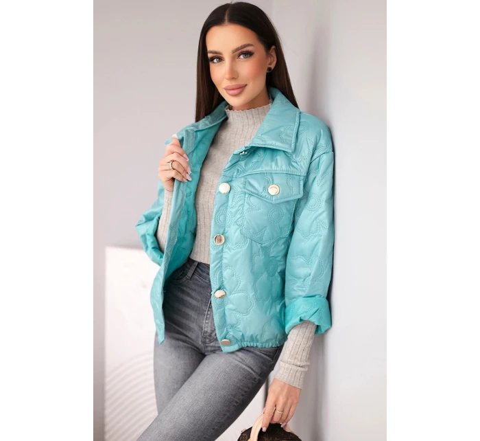Dámská jarní quiltovaná bunda s květinovým vzorem tmavě mátová