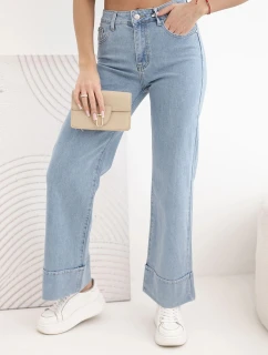 Dámské kalhoty s širokými nohavicemi a vysokým pasem denim modré