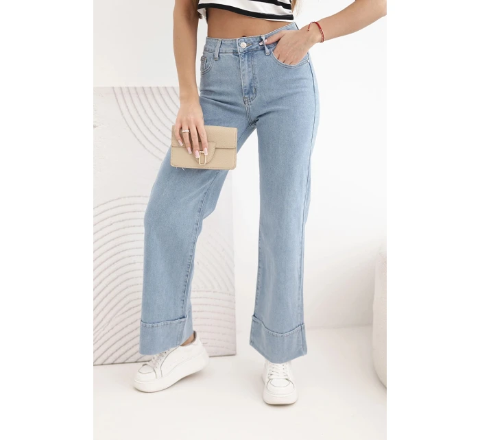 Dámské kalhoty s širokými nohavicemi a vysokým pasem denim modré