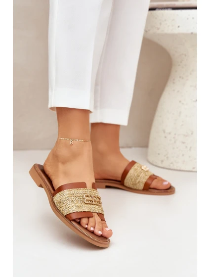 Kožené Pantofle S Dekorativním Detailem A Pletením Hnědé Zazoo 40426