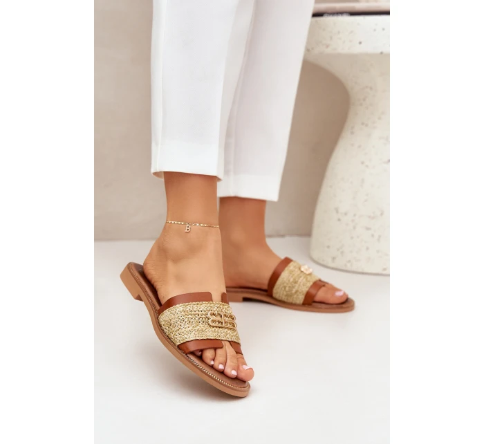 Kožené Pantofle S Dekorativním Detailem A Pletením Hnědé Zazoo 40426