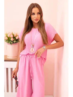 Viskózový komplet plisovaná halenka + kalhoty bonbónově růžová
