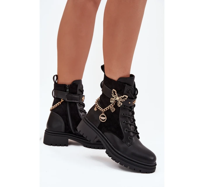Dámské Pracovní Boty Zateplené Se Zlatým Řetězem A Přívěsky Černé Vessara