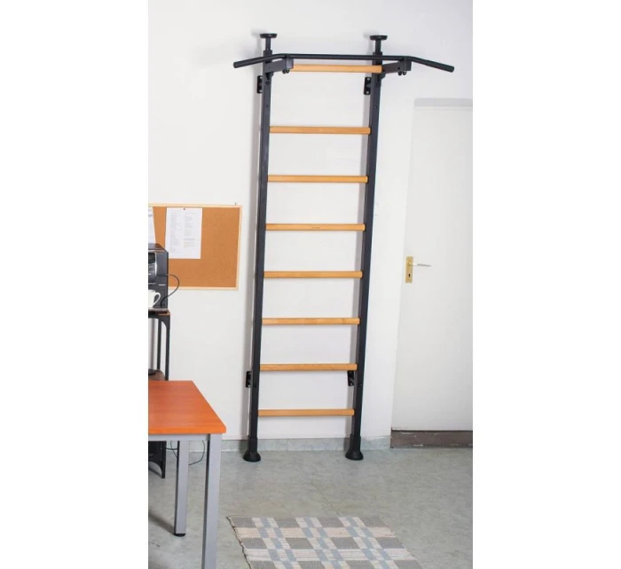 ROZKLÁDACÍ DŘEVĚNO-KOVOVÝ GYMNASTICKÝ ŽEBŘÍK S KOVOVOU HRAZDOU V DUBOVÉ LAVICI 511