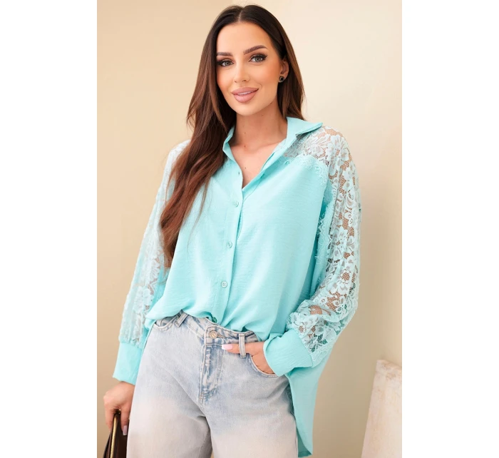 Dámská viskózová košile s krajkovými rukávy a límečkem mátová