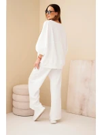 Dámský komplet z viskózy máslový se širokými nohavicemi a volnou blůzou bílý