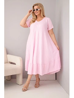 Dámské šaty plus size s krátkým rukávem a volánem z lehké viskózy bonbónová růžová