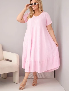 Dámské šaty plus size s krátkým rukávem a volánem z lehké viskózy bonbónová růžová