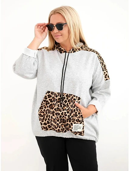 Dámská mikina Plus Size z viskózy s kapucí a leopardími detaily šedá Dámská mikina Plus Size z viskózy s kapucí a leopardími detaily šedá