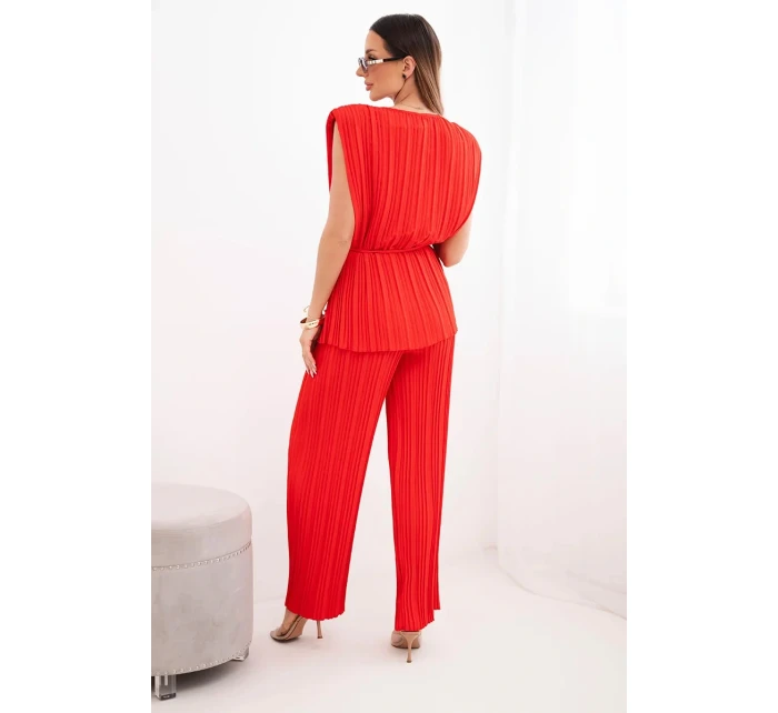 Dámský viskózový plisovaný komplet s vázanou halenkou a širokými kalhotami červený