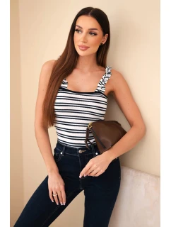 Dámská žebrovaná halenka v proužcích na ramínkách s volánkem tmavě modrá