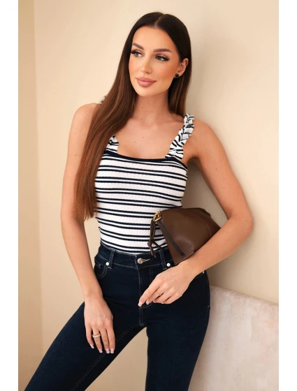 Dámská žebrovaná halenka v proužcích na ramínkách s volánkem tmavě modrá