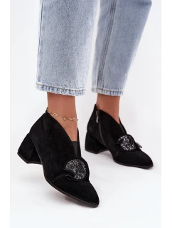 Kožené semišové dámské boty na podpatku s ozdobou D&A MR52-182 Černé