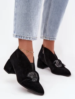 Kožené semišové dámské boty na podpatku s ozdobou model 21713899 Černé - D&A