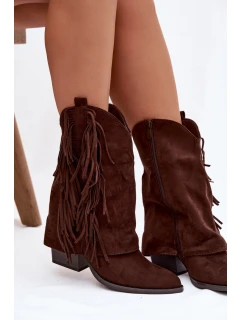 Dámské kotníkové kozačky – kovbojky se třásněmi na sloupku Gralina – čokoládové