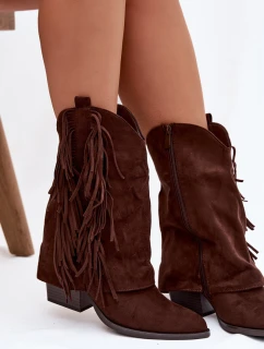 Dámské kotníkové kozačky – kovbojky se třásněmi na sloupku Gralina – čokoládové
