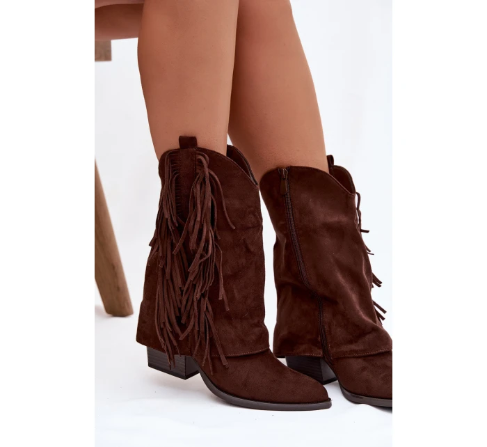 Dámské kotníkové kozačky – kovbojky se třásněmi na sloupku Gralina – čokoládové