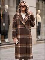 Dámský kabát dvouřadý s příměsí vlny kostkované hnědá FashionStreet NY0825 Dámský kabát dvouřadý s příměsí vlny kostkované hnědá FashionStreet NY0825