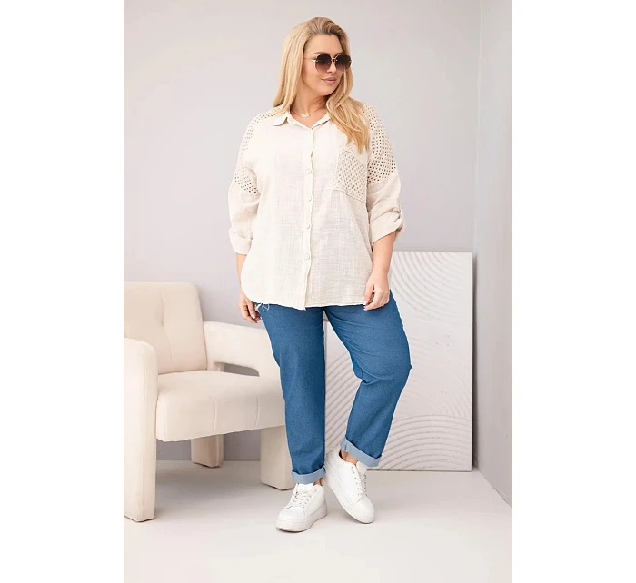 Dámská viskózová košile Plus Size s límečkem a krajkovým model 22043132 béžová - K-Fashion