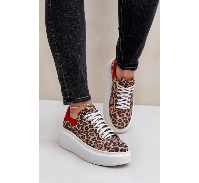 Kožené sneakerky na platformě s leopardím vzorem Zazoo 3346 hnědo-červené