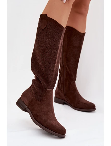 Dámské kozačky s krajkovým vzorem na nízkém podpatku model 22031871 Čokoládové - S.Barski