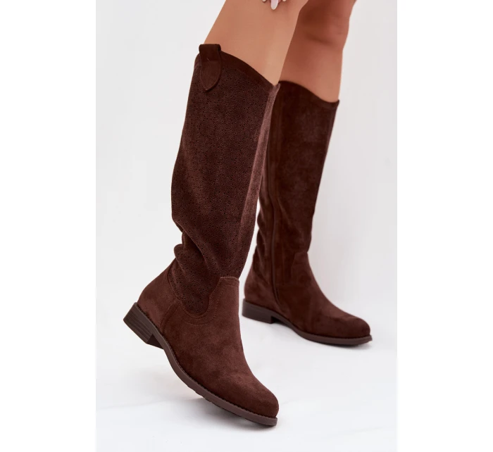 Dámské kozačky s krajkovým vzorem na nízkém podpatku S.Barski HY61-8022 Čokoládové