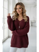 661-1 Teplý svetr oversize s fleecovou vazbou a výstřihem do V - vínový