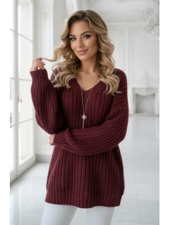 661-1 Teplý svetr oversize s fleecovou vazbou a výstřihem do V - vínový