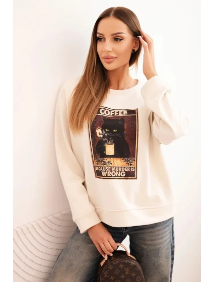Dámská bavlněná mikina s potiskem kočky a nápisem světlá béžová