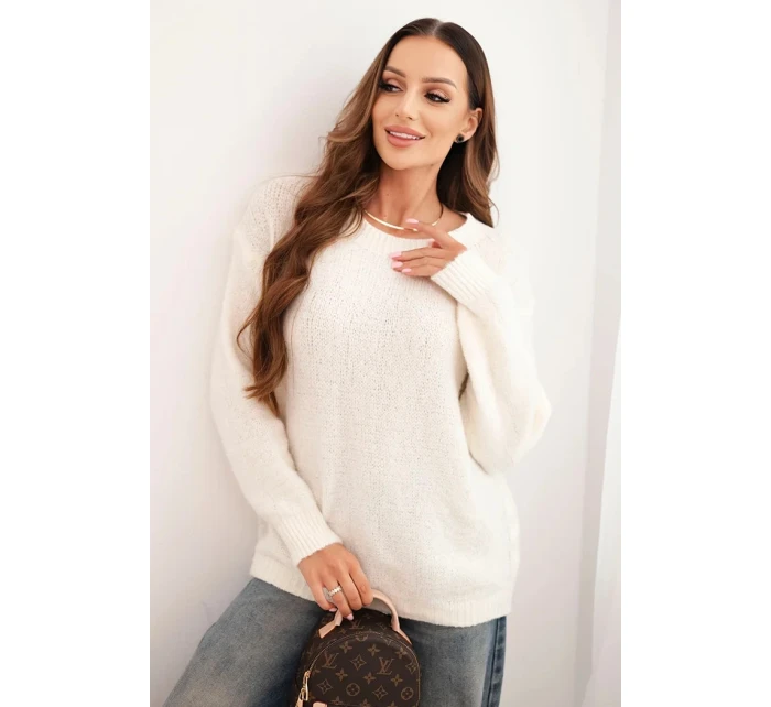 Dámský svetr s vlnou s dlouhým rukávem a kulatým výstřihem ecru